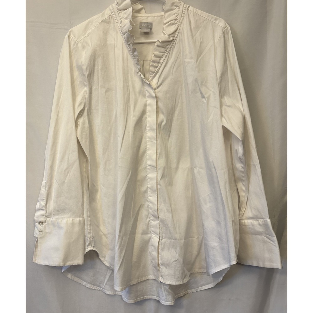 Chico's Ruffle Collared Hidden Button Up V Neck Long Sleeve Top SZ 3X 16-18White